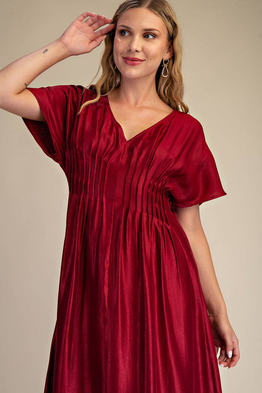 V-Neck Short Sleeve Front Pintuck Maxi Dress: Burgundy