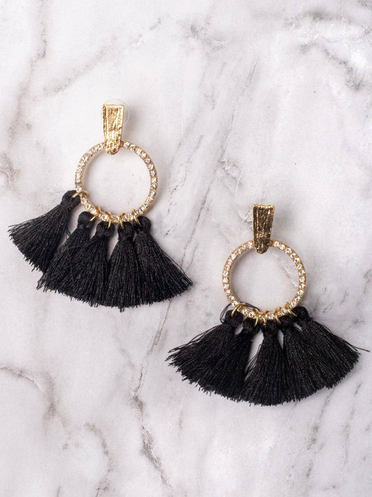 PARTY IN LA BLINGED CIRCLE STUD WITH BLACK TASSELS: Black / One Size