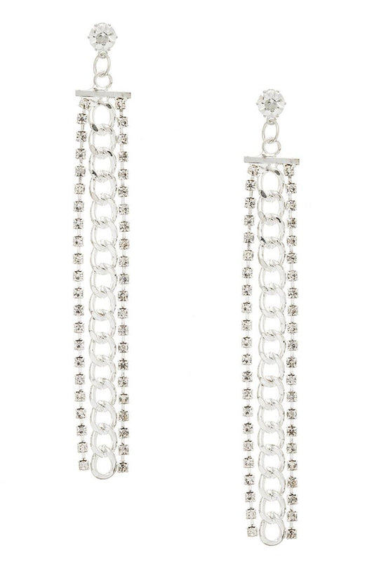 Rhinestone Chain Long Drop Earrings: Rhodium